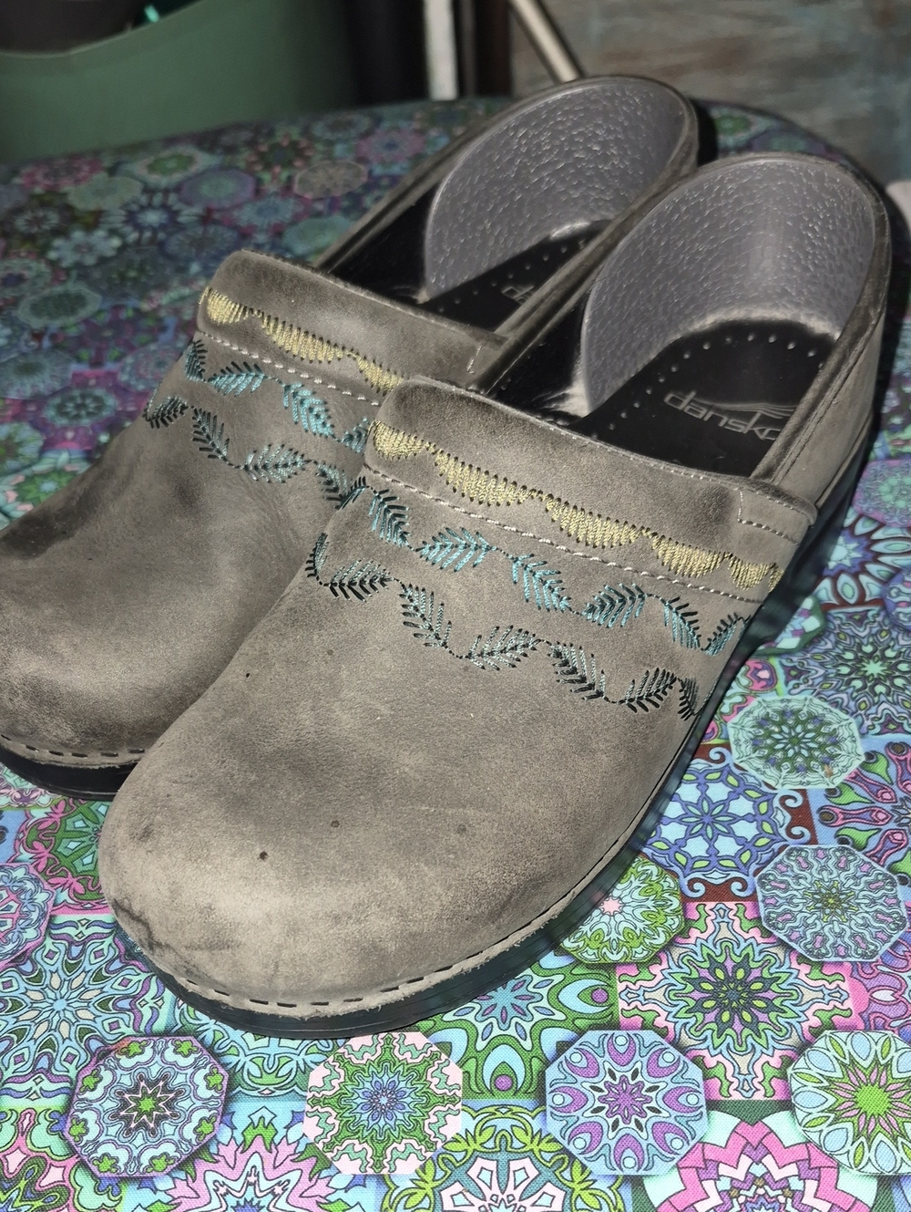Dansko Gray Suede Embroidered Slip-On Clogs